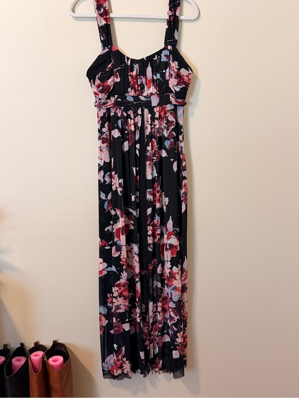 connected apparel Black Maxi Dress with Pink & Red Floral Print